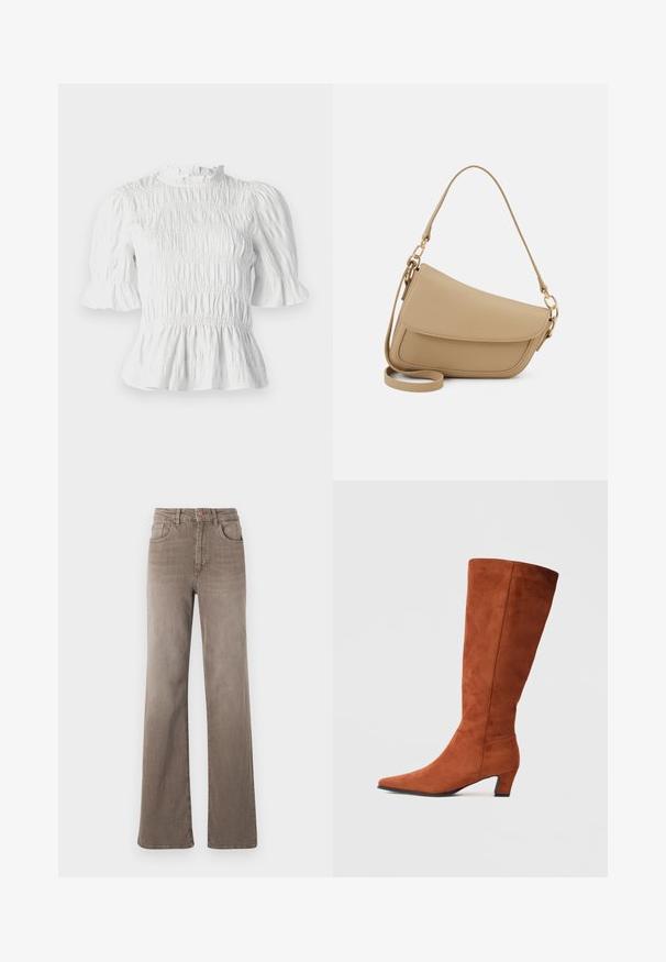Baltas īsām piedurknēm blūze ar sakropļotu tekstūru, viļņotu apkakli un paplašinātām piedurknēm. Iezīmē pepluma apakšdaļu un elastīgu jostasvietu.; Brūnas augsta vidukļa taisnas kājas džinsi ar priekšējo pogu, jostu cilpiņām un klasisko piecu kabatu dizainu uz baltas fona.; Brūni zamšveida augstie zābaki līdz ceļiem ar smailu purngalu un mazu blokveida papēdi, ar gludu tekstūru un minimālistisku dizainu.; Even&Odd Rokassoma - beige