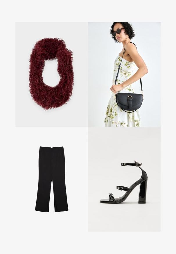 Burgundy, fuzzy infinity scarf made of soft fabric with a textured, shaggy appearance. Circular shape with no visible hardware.; Black trousers with a straight fit, featuring front pockets and side slits at the hem. Made of soft, smooth fabric. Suitable for various occasions.; Black patent heeled sandals with a square toe, ankle straps, and silver buckles. Features a chunky block heel for stability.; Black leather handbag with a curved shape, detachable strap, and gold hardware. The bag features a flap with a buckle detail.