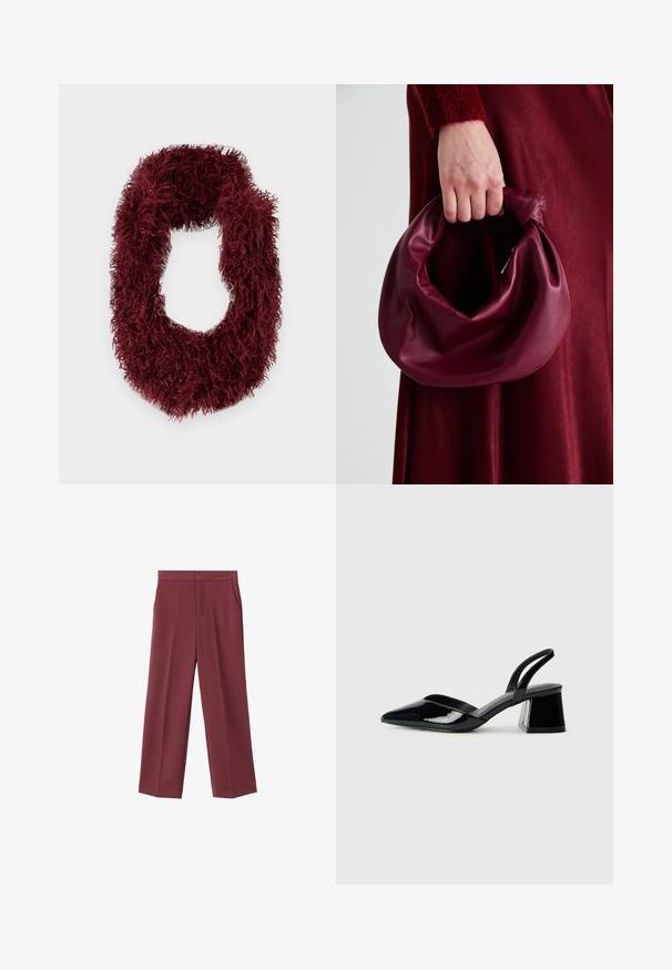 Fular infinit burgund, pufos, dintr-un material moale, cu un aspect texturat și zgrunțuros. Formă circulară, fără elemente hardware vizibile.; Pantaloni largi de culoare vișinie, cu o textură fină, dotate cu buzunare laterale și un design cu talie înaltă. Croiți cu o pliu curat pe față.; Pantofi cu toc slingback din piele lacuită neagră, cu vârf ascuțit și toc geometric. Prezintă un design elegant, minimalist și o textură netedă.; Geantă de mână din piele burgundă, cu un design moale și pliat și o formă rotundă. Mânerele sunt securizate, evidențiind o textură netedă.