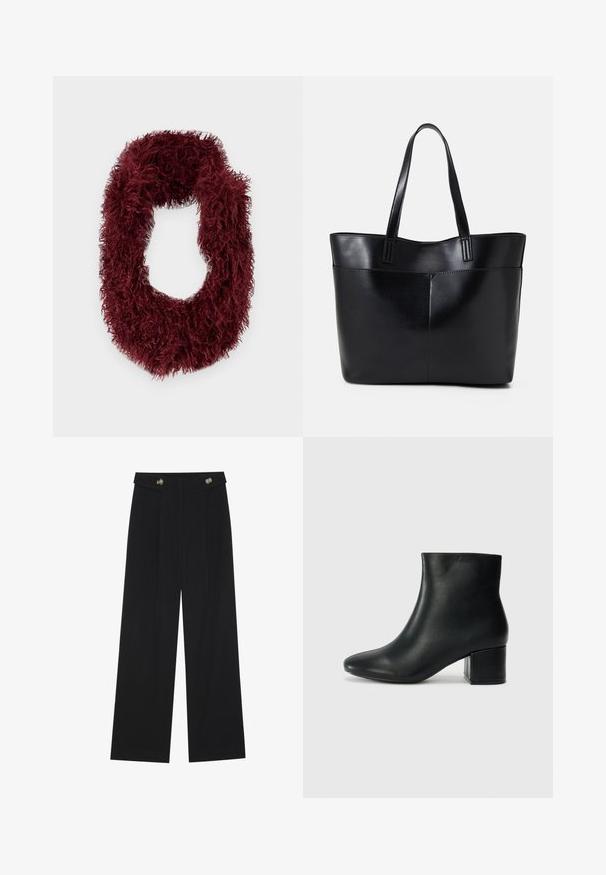 Burgundy, fuzzy infinity scarf made of soft fabric with a textured, shaggy appearance. Circular shape with no visible hardware.; Black wide-leg trousers with high waist, button details on waistband, and front pleats.; Black leather ankle boots with a pointed toe and a chunky heel. Smooth texture with minimal accents and a sleek, fitted design.; Black leather tote bag with two long handles, a smooth texture, and a structured shape. Features a front pocket for additional storage.