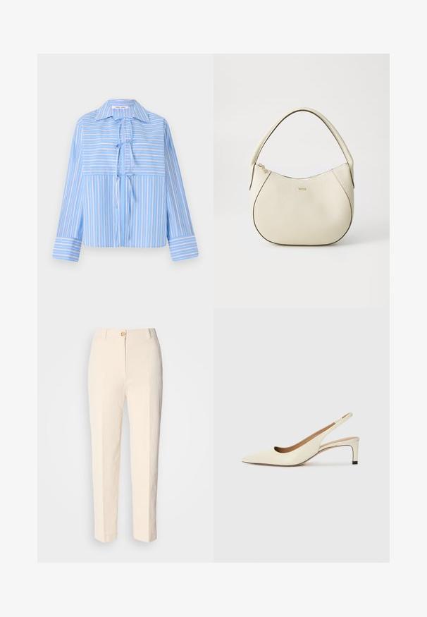 Blusa a righe blu con colletto, dettaglio cravatta sul davanti e maniche lunghe. Presenta righe alternate chiare e scure in un tessuto morbido.; Pantaloni color crema a vita alta realizzati in un tessuto testurizzato. Presentano una chiusura frontale con bottone e gambe affusolate.; Scarpa slingback a punta in pelle bianca sporca, caratterizzata da un tacco basso e un design con ritagli, dal texture liscia e con accenti minimi.; Borsa color crema con una finitura testurizzata, forma curva, manico corto e dettaglio del logo in tonalità oro. Chiusura con zip nella parte superiore.