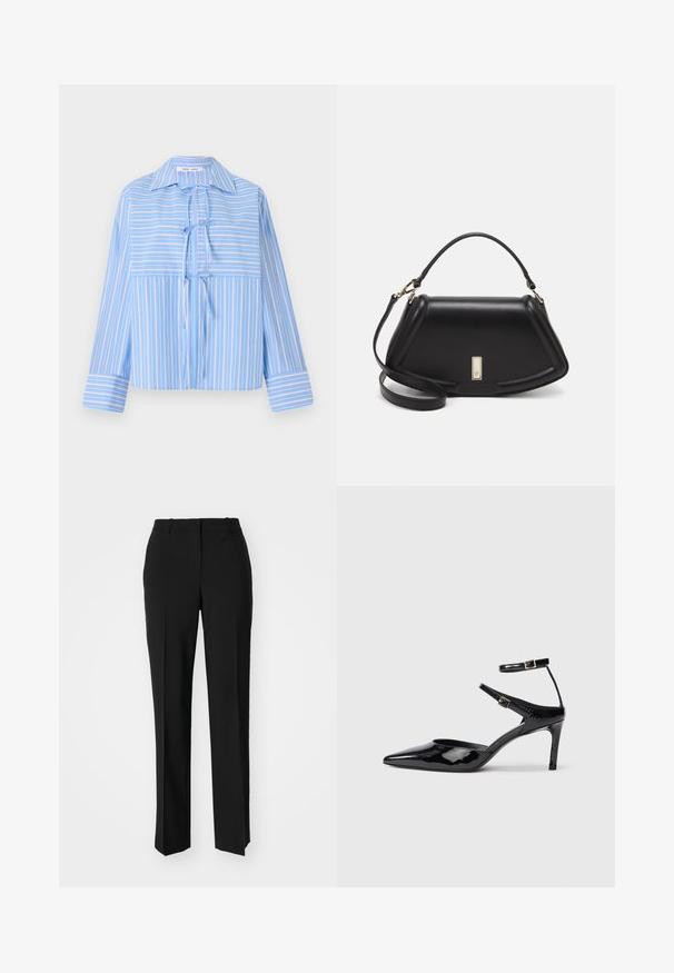 Blue striped blouse with a collar, tie detail at the front, and long sleeve. Features alternating light and dark stripes in a smooth fabric.; Black tailored trousers with a straight-leg design, featuring a smooth texture and crisp creases along the front. No visible hardware.; Black patent leather heels with a pointed toe, adjustable ankle straps, and a slender heel. Smooth texture with a shiny finish.; Black leather handbag with a structured design, featuring a cropped shape, top handle, and gold hardware accent. Adjustable shoulder strap included.