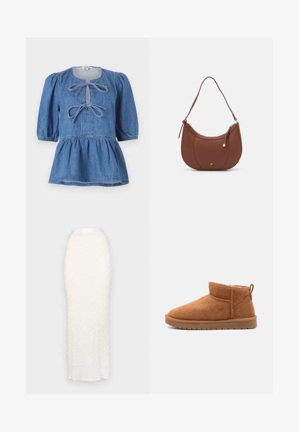 Džinsinė peplum palaidinė su trumpomis pūkuotomis rankovėmis, apvalia iškirpte su dviem kaspinais ir surinkta liemene, kuri sukuria platėjantį siluetą.; Gina Tricot STRUCTURE MAXI SKIRT - Maksi sijonas - white; Call it Spring JAMIELEE - Žieminiai batai - camel; Ruda dirbtinės odos petinė piniginė su kreiva forma, minimalia siuvimo linija ir auksinės spalvos įranga. Yra užtrauktuko uždarymas viršuje ir reguliuojama petneša.