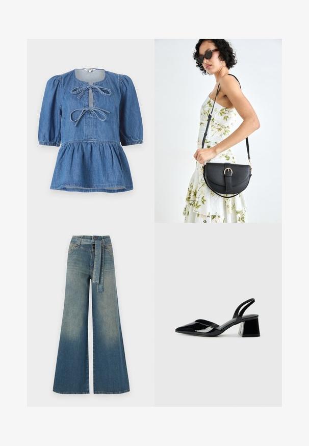Denim top featuring short puff sleeves, a round neckline with a keyhole opening secured by two bows, and a flared hem.; Wide-leg denim trousers featuring a light to dark blue gradient, high waist, belt loops, and a matching fabric belt. Textured denim finish.; Black patent leather slingback heels with a pointed toe and a geometric block heel. Features a sleek, minimal design and smooth texture.; Black leather handbag with a curved shape, detachable strap, and gold hardware. The bag features a flap with a buckle detail.