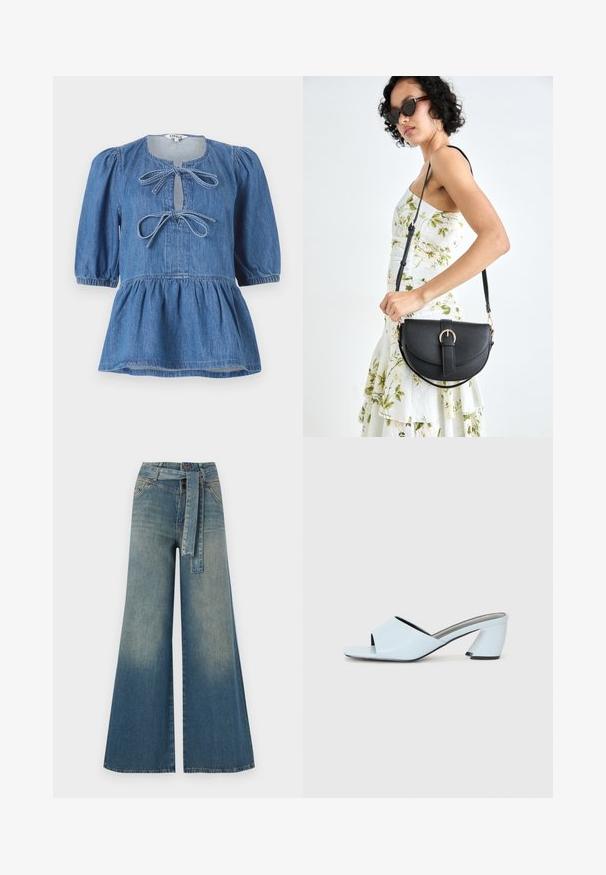 Denimist peplum pluus, millel on lühikesed puhv袖, ümmargune kaelus kahe lipsuga ja kogutud talje, mis loob laieneva silueti.; Laiad denimpüksid, millel on hele tume sinine gradiendiefekt, kõrge vöökoht, vöökumlid ja sobivast kangast vöö. Struktureeritud denimi viimistlus.; Heledad heles sinine avatud varvaga, geomeetrilise disainiga, laia rihmaga jala kohal ja nurga all oleva paksu kontsaga.; Mustmust mustraha kõverate joontega, eemaldatava rihmaga ja kuldsete detailidega. Kotil on klapp, millel on pandladetail.