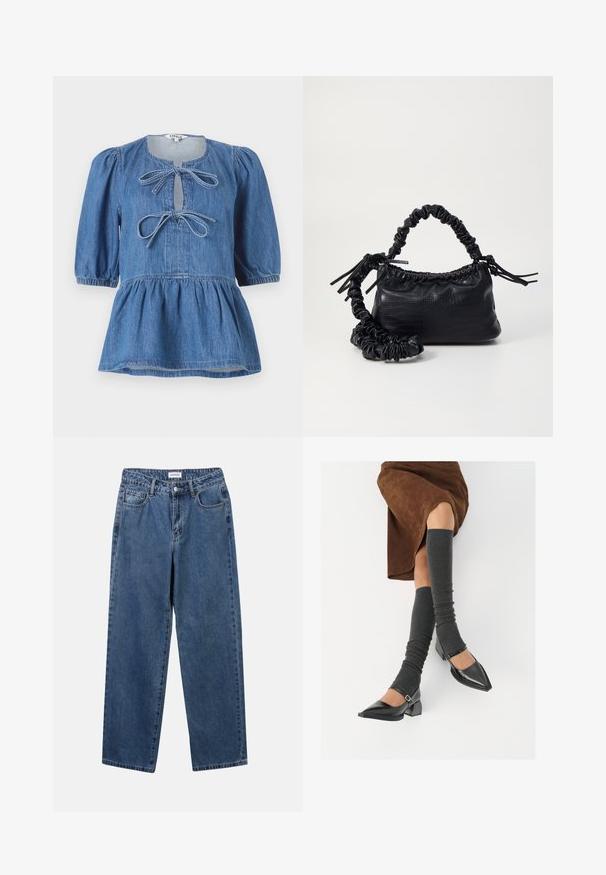 Denima pepluma tops ar īsām pūkām, apaļu kakla izgriezumu ar divām lentītēm un savilktu jostu, lai izveidotu izplestu siluetu.; Klasiskie zili džinsi ar taisnu kāju dizainu, pieciem kabatām un pogu aizdari. Iezīmējas ar vidēju mazgāšanu un izturīgu tekstūru.; Melnas laka ādas apavi ar norādītu purngalu, blokveida papēdi un potīšu jostu, saskaņoti ar pelēkām ribotām kāju sildītājām un brūnu zamšādas svārku.; Melnā mākslīgās ādas rokassoma ar krokodila rakstu, savilkta augšdaļa un saburzīta siksna. Izskatās mīksta un kompakta pēc dizaina.