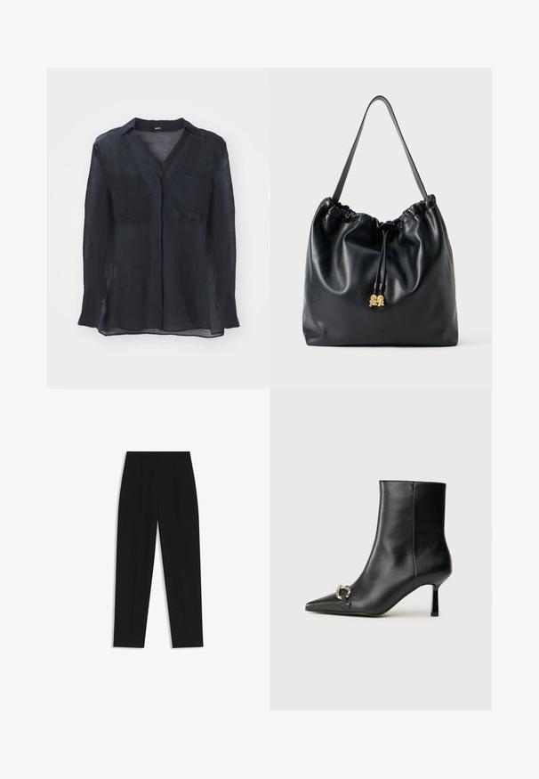 Navy blue sheer long-sleeve blouse with a V-neck, featuring two chest pockets and side slits at the hem. Made from lightweight fabric.; Black trousers with a straight fit, featuring double pleats, a smooth texture, and a classic waistband design. No visible hardware or accents.; Black leather ankle boot with pointed toe, slim mid-height heel, and silver buckle detail on side against plain background.; Black leather drawstring bag with a smooth texture, gathered top, and subtle gold hardware. Features a single sturdy strap and embossed logo.