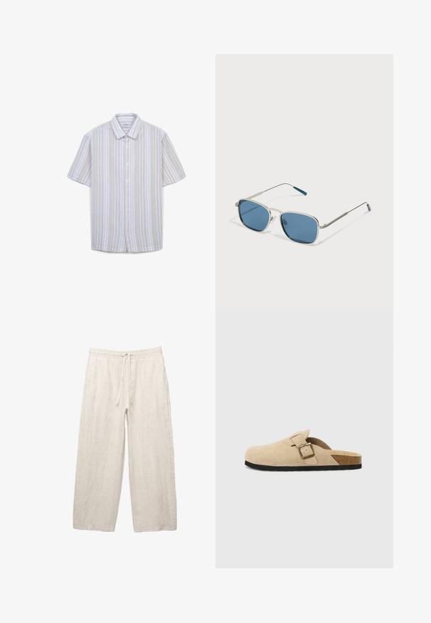Kurzarm-Hemd mit Knopfleiste in hellbeige mit weißen vertikalen Streifen, strukturierter Stoff und klassischem Kragen. Verfügt über fünf Knöpfe.; Leinenhosen in hellbeige, mit einem elastischen Bund und Zugkordel, weitem Beinansatz und seitlichen Taschen. Glatte Textur.; Beige Wildleder-Slipper mit einem Korkfußbett, runder Zehenpartie und einem einfachen Riemen mit einer goldfarbigen Schnalle. Gummi-Sohle für besseren Halt.; Sonnenbrille mit einem silbernen Metallrahmen, rechteckigen blauen Gläsern und dünnen Bügeln. Verfügt über blaue Akzente an den Bügelspitzen.