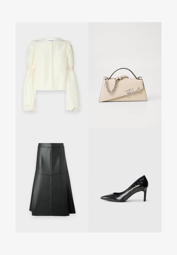 Krämfärgad satinblus med hög halsringning och voluminösa, samlade långärmar. Minimalistisk design med en bakre stängning och inga utsmyckningar.; Svart läder A-linje kjol, slät textur, knälång, har horisontell sömnadsdetalj i midjan och sömmarna för extra struktur.; Svarta spetsiga högklackade skor med glansig yta och subtilt mönster. Har en måttlig klack och öppen halsdesign.; Beige läderhandväska med en strukturerad, triangelformad design, med ett silverkedjehandtag och en kursiv logotyp i metall.