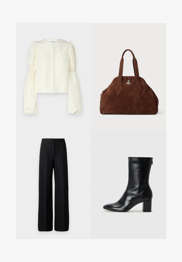 Creme satinbluse med høj halskrave og voluminøse, samlede lange ærmer. Minimalistisk design med en ryglukning og ingen udsmykninger.; Bredbenede sorte bukser med en glat, mat tekstur. Flad talje uden synligt hardware eller mønstre. Simpelt og elegant design.; Sorte læder ankelstøvler med spids tå og 4 cm blokhæl. Det slanke design har en sidelukning for nem påtagning. Glat tekstur.; Brun suede håndtaske med en struktureret form, rund krop og forlængede diamantformede håndtag. Har en hardwarelukning i sølv.