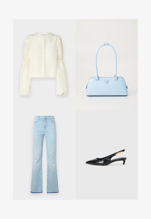 Cream satin blouse with a high neckline and voluminous, gathered long sleeves. Minimalist design features a back closure and no embellishments.; Light blue flared jeans made of denim, featuring a high waist, front pockets, and a raw hem at the cuffs for a casual look.; Black leather slingback heels with a pointed toe, featuring a slim heel and a gold-tone accent on the adjustable strap. Smooth texture.; Light blue handbag with a structured shape, smooth leather material, two handles, and a triangular brand logo on the front. Zippered closure.