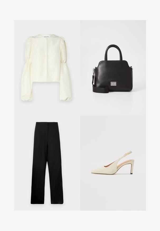Blouse en satin crème avec un col montant et des manches longues, volantes et froncées. Le design minimaliste se caractérise par une fermeture au dos et sans ornements.; Pantalons larges noirs en tissu léger. Présentent une texture lisse, une taille haute et des détails de couture minimaux.; Talons compensés en cuir beige avec un bout pointu, un design ouvert sur le côté et un talon haut fin. Comprend un accent doré sur la sangle.; Sac à main en synthétique noir avec anses supérieures, bandoulière amovible, forme arrondie, texture lisse et accent logo argenté à l'avant.