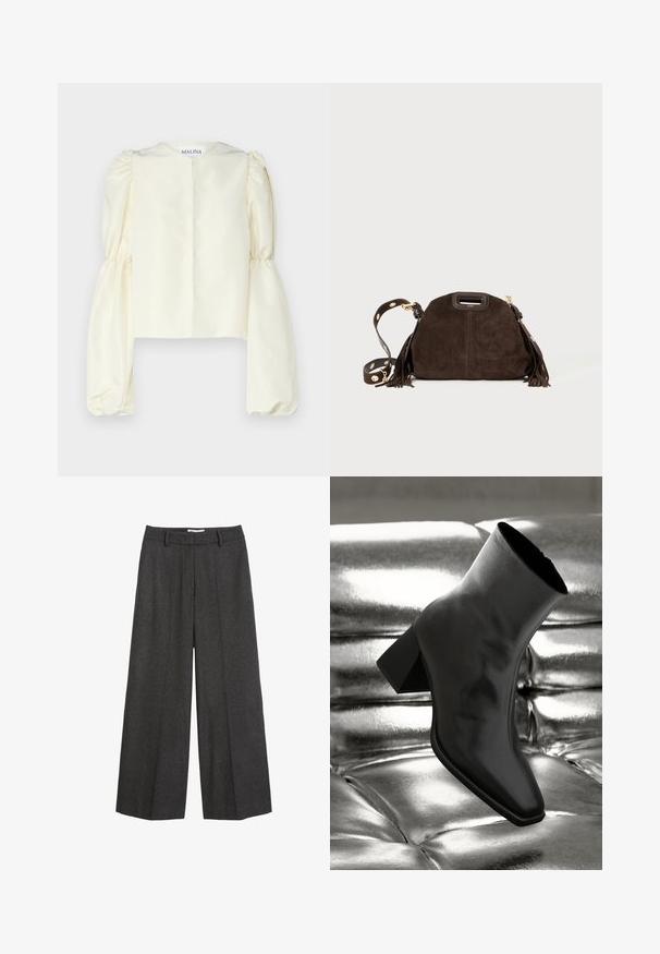 Kremowa satynowa bluzka z wysokim kołnierzem i obszerne, marszczone długie rękawy. Minimalistyczny design z zapięciem z tyłu i brakiem ozdobników.; Spodnie o szerokich nogawkach w ciemnoszarym kolorze. Posiadają dopasowany pasek w talii z szlufkami, gładką fakturę oraz minimalistyczne akcenty w postaci szwów.; Czarne botki za kostkę wykonane z błyszczącego materiału, z kwadratowym noskiem i zwężającym się obcasem, na tle błyszczącego srebrnego tapicerowanego tła.; Brązowa torebka z zamszu o zaokrąglonym kształcie, ozdobnymi frędzlami, odczepianym paskiem z złotym okuciem oraz górnym uchwytem.