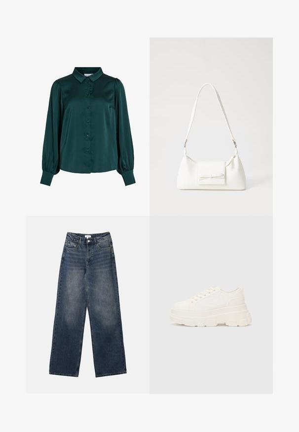 Tamsiai žalia atlasinė palaidinė su apykakle, priekyje esančiais mygtukais ir pūstomis ilgomis rankovėmis. Palaidinė turi lygią tekstūrą ir prigludusią siluetą.; Vyriški mėlyni džinsai su aukštu liemeniu, plačiais džinsais, priekyje su mygtuku ir užtrauktuku, taip pat su priekiniu ir galiniu kišeniu.; Balti drobės sportbačiai su storu padu, apvalia nosimi ir penkiomis akytėmis raištams. Gale yra kilputė, kad būtų lengva užsidėti. Sklandus paviršius, minimalistinis dizainas.; Balta sintetinė rankinė trikampio formos, plokščiu priekiu su užsegimu, kaspino detale, reguliuojama dirželiu, lygia tekstūra ir minimalistišku dizainu.