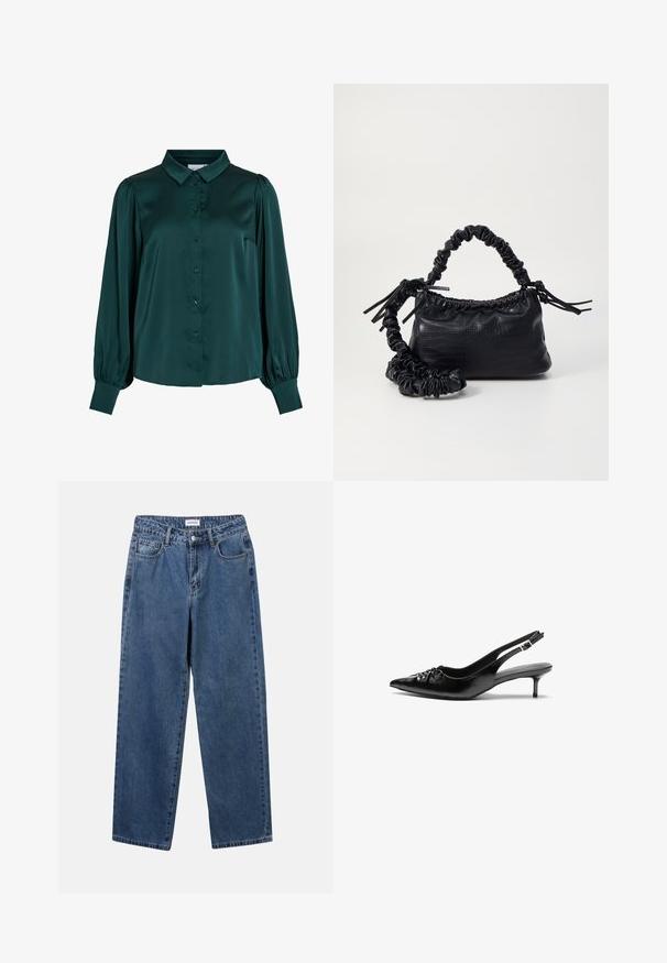Dark green satin blouse with a collared neck, front buttons, and puffed long sleeves. Features a smooth texture and fitted silhouette.; Classic blue denim jeans with a straight-leg design, five pockets, and a button closure. Features a medium wash and sturdy texture.; Black leather slingback heels with a pointed toe, small kitten heel, and a decorative knot detail on the front. Smooth texture throughout.; Black faux leather handbag with a crocodile texture, cinched top, and a scrunched strap. Appears soft and compact in design.