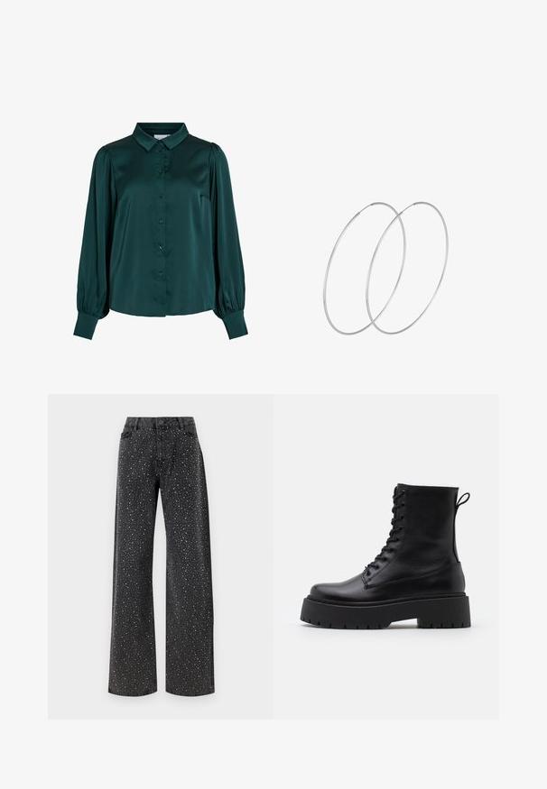 Dark green satin blouse with a collared neck, front buttons, and puffed long sleeves. Features a smooth texture and fitted silhouette.; Noisy May NMJANNEL LOOSE - Relaxed fit jeans - black denim; Black leather ankle boots with a round toe, lace-up front, and a thick rubber sole featuring a textured tread. Pull tab at the back.; Silver hoop earrings with a minimalist design. Circular shape, smooth texture, and thin profile. Lightweight with a polished finish.