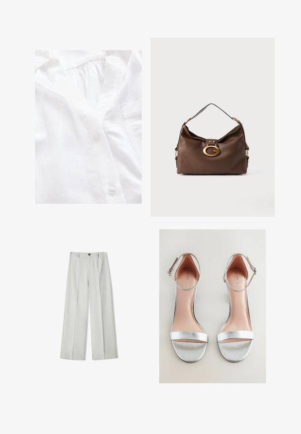 Weiße Hemd mit Knöpfen aus einem strukturierten Stoff, ausgestattet mit einer vollen Knopfleiste, einem gerafften Ausschnitt und einer kleinen Brusttasche.; Helle graue weit geschnittene Hose aus einem strukturierten Stoff, mit einem Knopfverschluss und zwei Falten vorne für zusätzlichen Detail.; Silberne High-Heel-Sandalen mit metallischem Finish, schlankem Knöchelriemen und breiter vorderer Band. Leicht gepolsterte Fußbett mit Markenlogo.; Braune Handtasche aus Leder mit strukturiertem Finish, ausgestattet mit einem goldfarbigen Verschluss und einem einzigen, geschwungenen Schulterriemen.