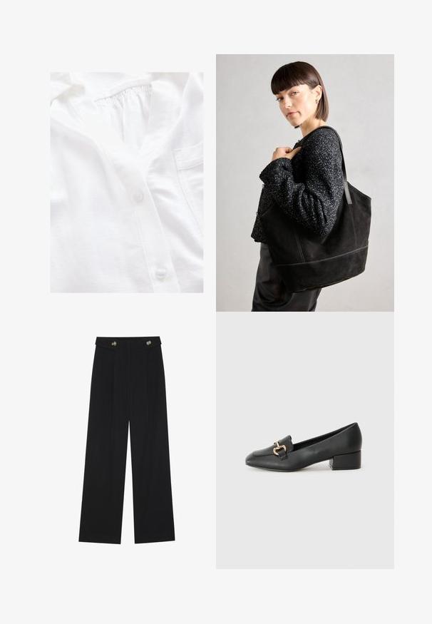 Hvid button-up skjorte med en struktureret stof, der har en fuld stolpe, samlet halsudskæring og en lille brystlomme.; Sorte vide bukser med høj talje, knapdetaljer på taljebåndet og frontfald.; Sorte læder loafers med flad hæl, der har en dekorativ guldhardwaredetalje foran og en glat overflade.; Sort ruskinds tote taske med en glat tekstur, struktureret form og kontrasterende syninger. Har lange stropper til skulderbæring.