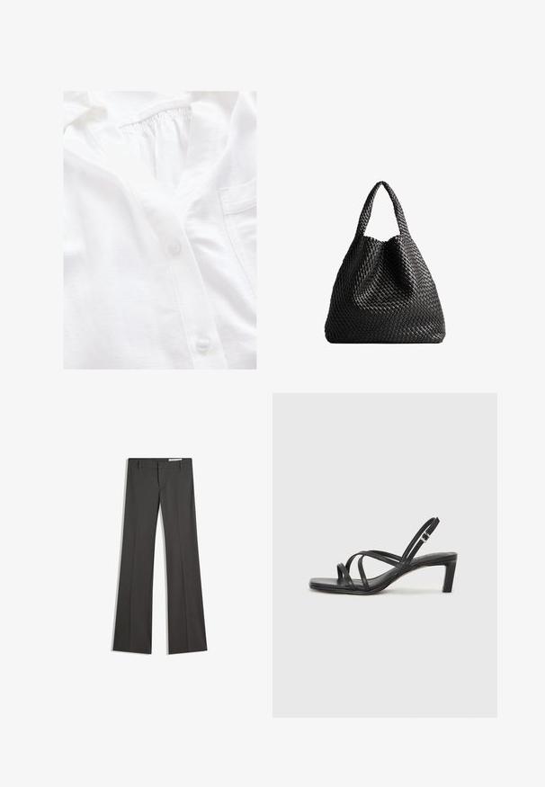 Hvid button-up skjorte med en struktureret stof, der har en fuld stolpe, samlet halsudskæring og en lille brystlomme.; Grå flagrende bukser i et glat stof, med flad front, bæltestropper og en skræddersyet design med rene linjer.; Sort remsandale med firkantet tå og en lav blokeret hæl. Har flere tynde stropper og en justerbar ankelrem. Fremstillet af glat læder.; Sort vævet totebag med to håndtag. Blød tekstur, afslappet design og en stor, rund form. Ingen synlige hardware eller accenter.