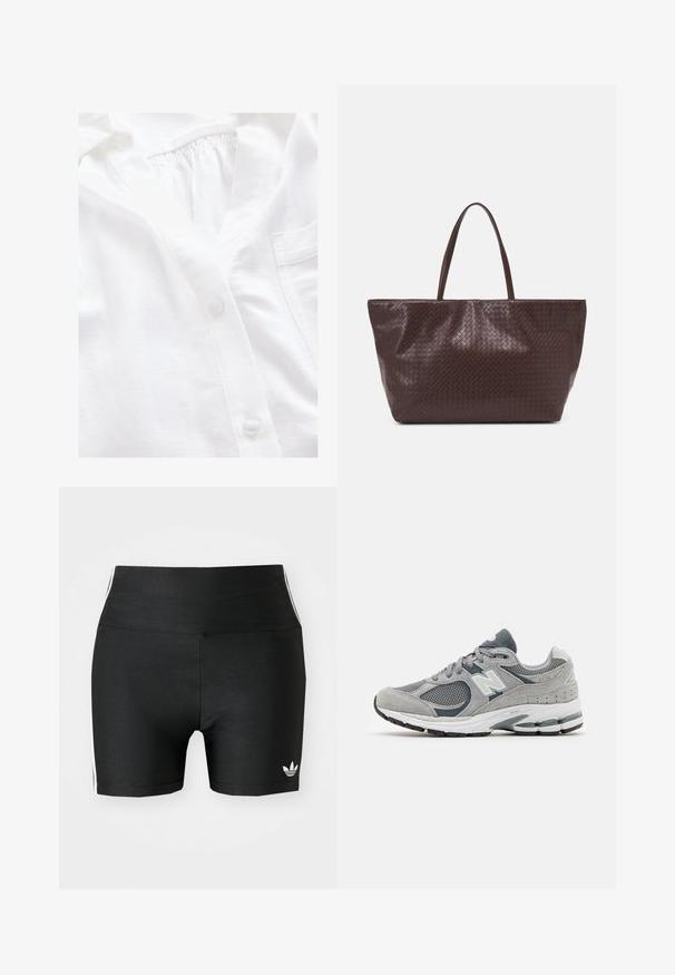 White button-up shirt with a textured fabric, featuring a full placket, gathered neckline, and a small chest pocket.; Black athletic shorts in a stretchy fabric with a high waist. Features white side stripes and a small white logo at the hem.; Gray sneaker with mesh and suede materials, featuring a white logo, padded collar, and textured rubber sole. Accents in darker gray.; Brown woven leather tote bag with two handles, a structured shape, and a textured surface, featuring a diamond pattern throughout.
