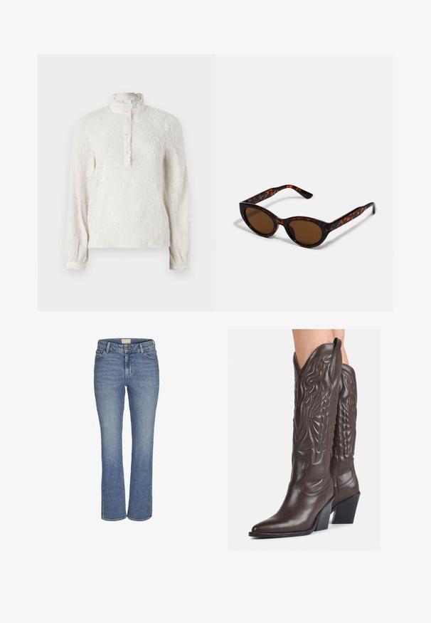 Biela blúzka s dlhým rukávom a textúrovaným povrchom, s volánovým golierom a zapínaním na gombíky. Obsahuje jemný kvetinový vzor po celom povrchu.; Džínsy v stredne modrej farbe s rovnými nohavicami, so zapínaním na prednej strane na gombík a zips, s pútkami na opasok a prednými a zadnými vreckami.; Hnedé kožené kovbojské topánky s špicatou špičkou a blokovým podrážkou, so zložitým prešívaním a vyvýšenými akcentmi na puzdre.; Hnedé slnečné okuliare v štýle tortoiseshell s vintage cat-eye tvarom a hnedými sklami. Majú zakrivené ramienka s červenými akcentmi.; Čierna kožená clutch taška s klopou a zlatým kovovým detailom s prackou. Obsahuje čierny remienok a elegantný, minimalistický dizajn.; Strieborné kruhové náušnice s minimalistickým dizajnom. Cirkulárny tvar, hladký povrch a tenký profil. Ľahké s lesklým povrchom.