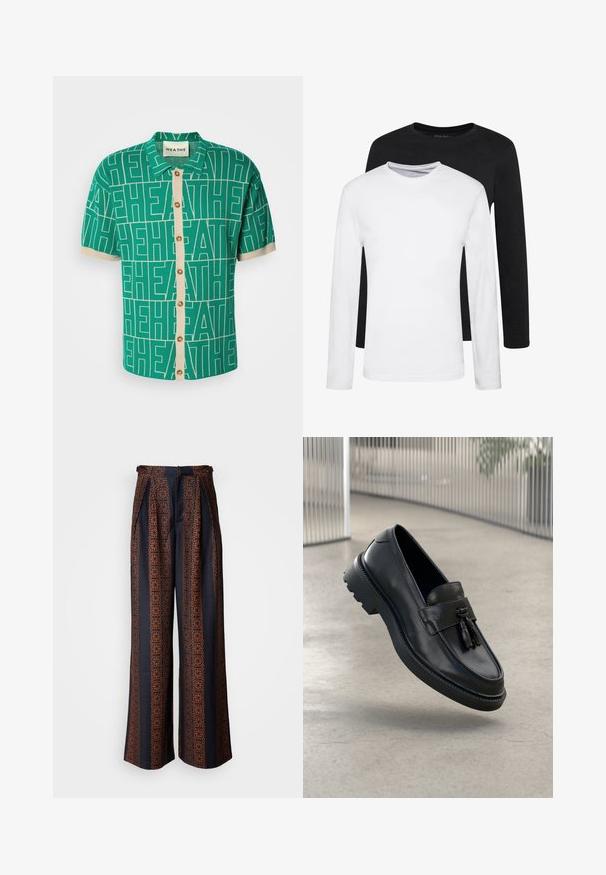 Chemise verte à manches courtes avec un motif de logo blanc audacieux, dotée d'un plastron de boutons couleur crème et de poignets contrastés.; Deux chemises à manches longues, l'une noire et l'autre blanche, en coton avec un col rond et une texture lisse, présentées dans un arrangement empilé.; Pantalons larges en tissu bleu foncé avec un motif géométrique orange complexe, dotés d'un front plissé et d'une ceinture ajustée.; Mocassins en cuir noir à finition lisse, avec pompon décoratif, semelle en caoutchouc épaisse et détails cousus. Design léger et élégant.