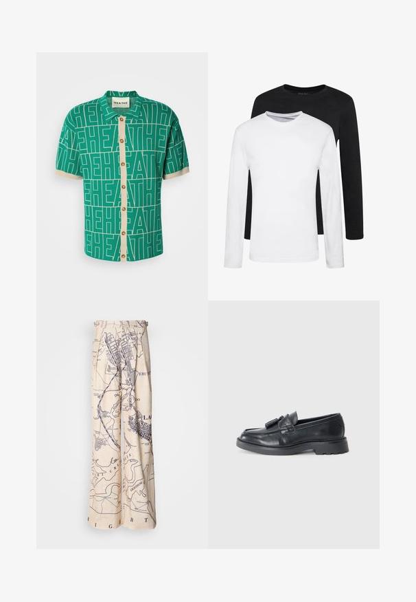 Camicetta verde a maniche corte con un audace motivo di logo bianco, dotata di una patta dei bottoni color crema e di polsini a contrasto.; Due camicie a manica lunga, una nera e una bianca, realizzate in cotone con scollo rotondo e una texture liscia, esposte in un disposizione impilata.; Pantaloni a gamba larga con stampa mappa in navy su sfondo beige, con dettagli plissettati in vita e una vestibilità rilassata.; Mocassini in pelle nera con punta arrotondata, una fascia con nappine e una suola spessa con motivo a trazione. Texture liscia e design classico.