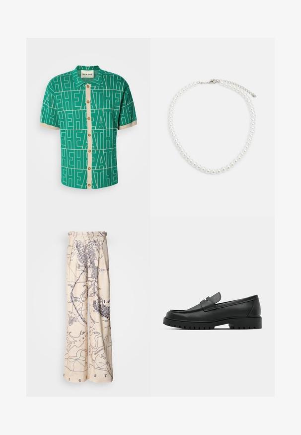 Camisa verde de manga curta com um ousado padrão de logo branco, apresentando um placket de botões em cor creme e punhos de manga em contraste.; Calças de perna larga com um padrão de mapa em azul-marinho sobre um fundo bege, com detalhes plissados na cintura e um corte relaxado.; Sapatilhas de couro preto com bico arredondado, apresentando um design cosido, sola de plataforma baixa e um solado de borracha texturizado e com cravos.; Colar de pérolas brancas com forma redonda uniforme, superfície lisa e fecho metálico com corrente de extensão para ajuste de comprimento.