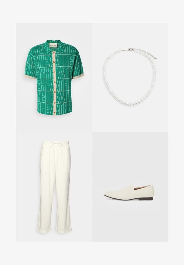 Zöld, rövid ujjú póló merész fehér logómintával, krém színű gombos pánttal és kontrasztos ujjbőséggel.; Sötétfehér len nadrág, húzózsinóros derékkal, enyhén bő szárakkal és feltekert szegéllyel a laza illeszkedés érdekében. Zsebek nélkül.; Világos bézs loaferek hegyes orral, sima anyagból, a lábfejen lévő pánttal és alacsony barna talppal. Egyszerű dizájn, minimális díszítéssel.; Fehér gyöngy nyaklánc, egységes kerek alakú, sima felületű, fémből készült kapoccsal, állítható hosszúságú meghosszabbító lánccal.