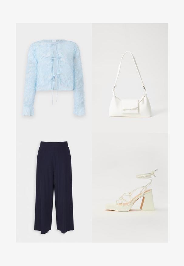 Lys blå cropped bluse laget av gjennomsiktig stoff med en teksturert, fjæraktig overflate. Har lange ermer og en frontknepping.; Bredde bukser i mørk marineblå stoff med ribbet tekstur. Har en glatt midje og en luftig silhuett, som når midt på leggen.; Hvit høyhælte sandal med kraftig hæl, med en stroppe-design og ankelbånd. Glatt tekstur med plattform foran for ekstra høyde.; Hvit syntetisk håndveske med trekantet form, flat klaff foran og sløyfe detaljer, justerbar stropp, glatt tekstur og minimalistisk design.