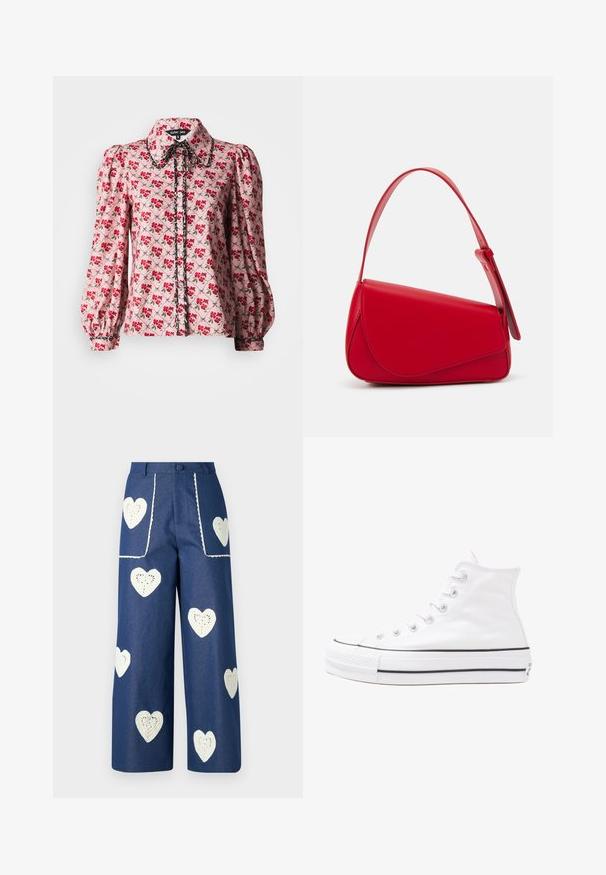 Rožinė bluzelė iš audinio su raudonais ir žaliais gėlėmis. Pūkuotos rankovės, apykaklė ir mygtukų uždarymas su kontrastingais akcentais.; Sister Jane HEART TO HEART - Tiesaus kirpimo džinsai - blue denim; Balti aukštakulniai drobės sportbačiai su juodu guminio pado, priekinio guminio piršto dangteliu ir šešiais akytėmis raištams, pasižymintys švariu, minimalistiniu dizainu.; Raudona odinė rankinė su kampuota, geometrine forma. Pasižymi viena reguliuojama dirželiu ir dangteliu su siuvinėtais dekoracijomis.