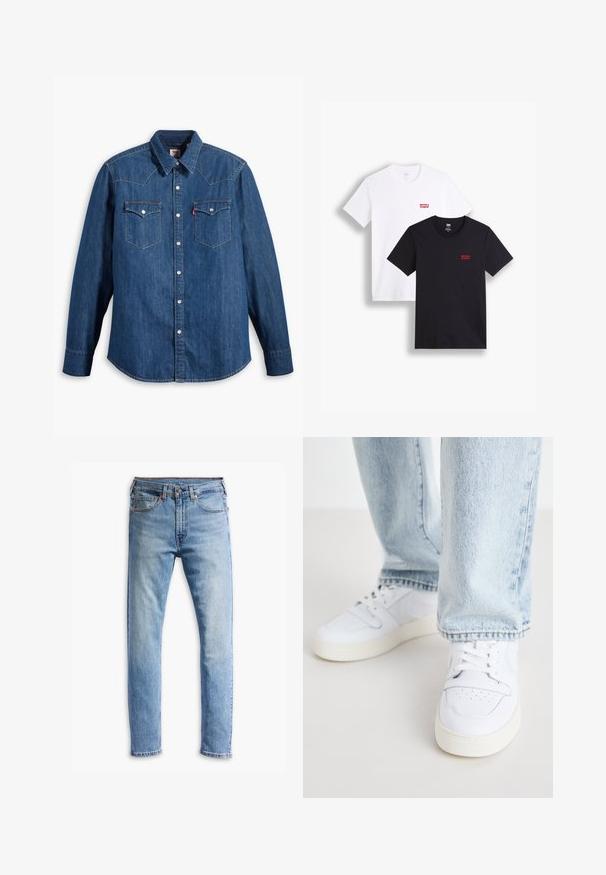 Jeansowa koszula w ciemnoniebieskim kolorze z długim rękawem, wysmukłym kołnierzykiem oraz zatrzaskami. Posiada dwie kieszenie na piersi z klapami oraz kontrastowe przeszycia.; Dwie koszulki z krótkim rękawem: jedna biała, a druga czarna. Obie wykonane z bawełny z czerwonym logo Levi's na piersi. Prosty design z okrągłym dekoltem.; Jasnoniebieskie dżinsy o prostym kroju, pięć kieszeni, zapięcie na guzik i delikatne przetarcia na materiale.; Białe skórzane sneakersy niskie z perforowanym noskiem, płaskimi sznurowadłami i minimalistycznym designem. Połączone z jasnoniebieskimi dżinsami.