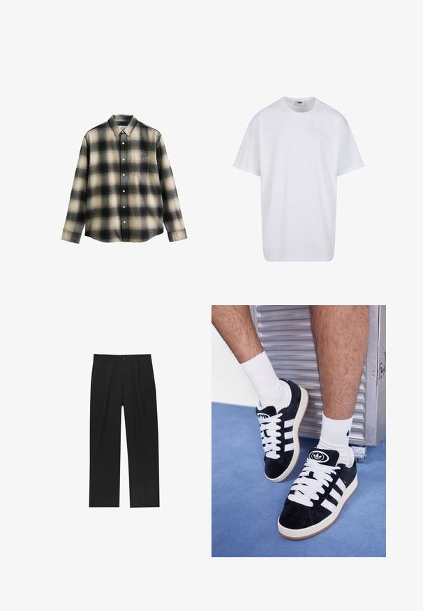 Langärmelig geblokt shirt in zwart, crème en grijs. Heeft een button-down kraag, een borstzak en witte knopen. Zachte stofstructuur.; Witte katoenen t-shirt met korte mouwen, ronde hals, relaxte pasvorm en zonder zichtbare logo's of patronen. Gladde textuur en minimalistisch ontwerp.; Zwarte broeken met een recht model, gemaakt van een gladde stof. Voorzien van een voorplooien en een enkele knoopsluiting bij de taille.; Zwarte suède sneakers met witte veters en drie witte strepen. Heeft een cirkelvormig zwart logo op de tong en een gumrubberen zool.