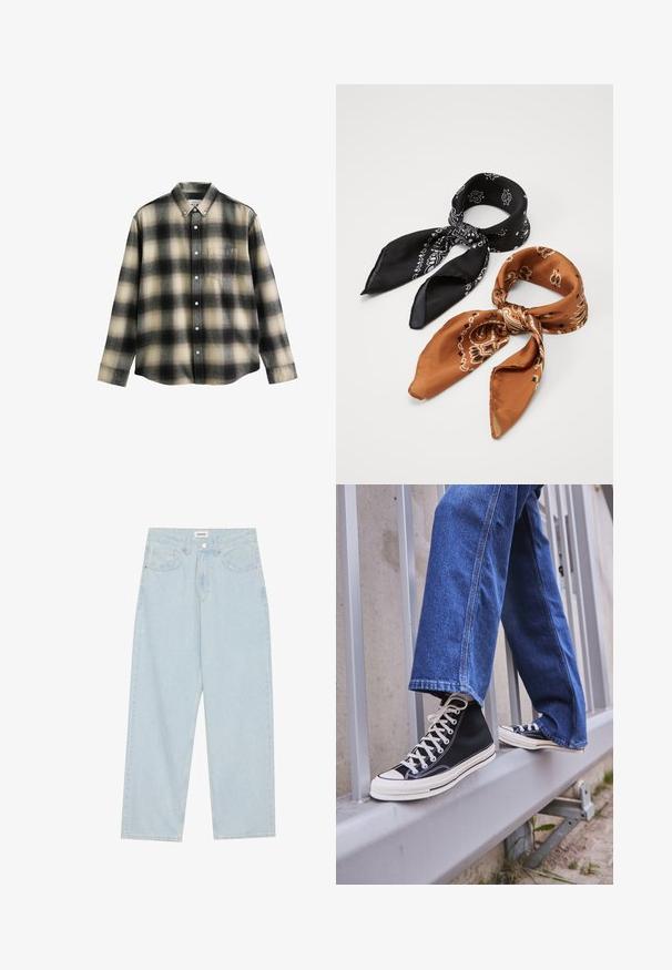 Chemise à manches longues à carreaux noir, crème et gris. Dotée d'un col boutonné, d'une poche avant et de boutons blancs. Texture de tissu douce.; Jeans en denim bleu clair à large jambe, avec une taille mi-haute, cinq poches et une fermeture à bouton avec un accent métallique fin.; Baskets montantes noires avec semelle et lacets blancs, associées à un jean en denim bleu décontracté, reposant sur un garde-corps gris.; Deux foulards à motifs : l'un noir avec des motifs blancs, l'autre marron avec des accents orange. Les deux sont en satin et présentent des extrémités pointues.