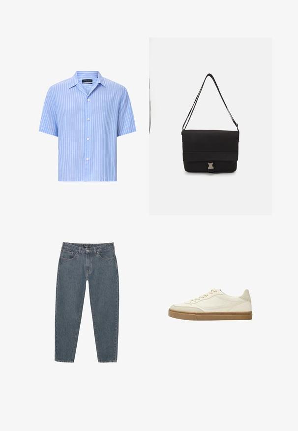 Korte mouwen button-up shirt in lichtblauw met witte verticale strepen. Gemaakt van lichtgewicht stof, met een klassieke kraag en vijf knopen.; Donkerblauwe spijkerbroek met een relaxte pasvorm, vijf zakken, knoopsluiting en een licht rafelrandje. Duurzaam materiaal met een subtiele textuur.; Witte leren low-top sneaker met beige accenten en een textuurrubberen zool. Heeft tonale stiksels en een afgeronde tekening.; Zwarte schoudertas van glad materiaal, met een omklapflap, zilveren sluiting en een verstelbare schouderband.