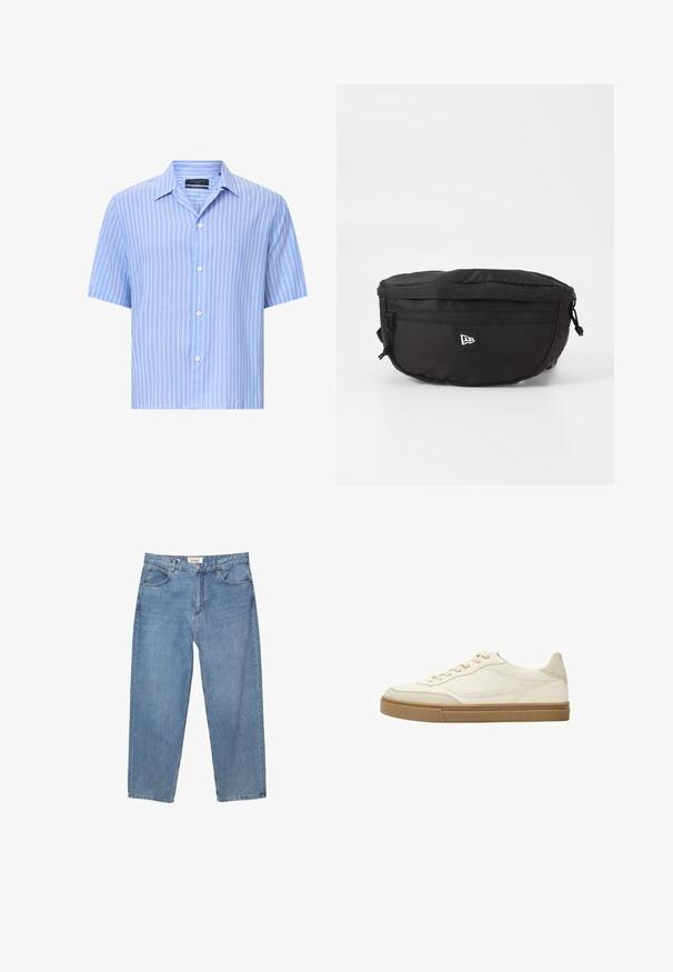 Camicetta a maniche corte con bottoni di colore azzurro chiaro con strisce verticali bianche. Realizzata in tessuto leggero, presenta un colletto classico e cinque bottoni.; Jeans in denim blu chiaro con taglio dritto, design a cinque tasche e etichetta del marchio visibile in vita.; Sneaker bassa in pelle bianca con accenti beige e suola in gomma testurizzata. Caratterizzata da cuciture tonali e un design a punta rotonda.; Marsupio nero realizzato in nylon; dotato di una tasca con zip frontale, strap regolabile e una patch con logo. Forma arrotondata con una texture liscia.