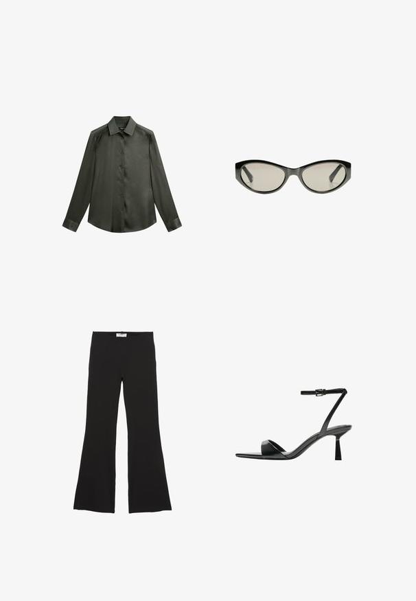 Dark green satin shirt with a collared neckline, long sleeves, and button front closure; features a smooth, glossy texture.; Black flared pants made of soft fabric, featuring a wide-leg design and an elastic waistband for comfort. No visible patterns or accents.; Bershka High heeled sandals - black; Black cat-eye sunglasses with gray tinted lenses. Plastic frame features sharp edges and a smooth, glossy finish.