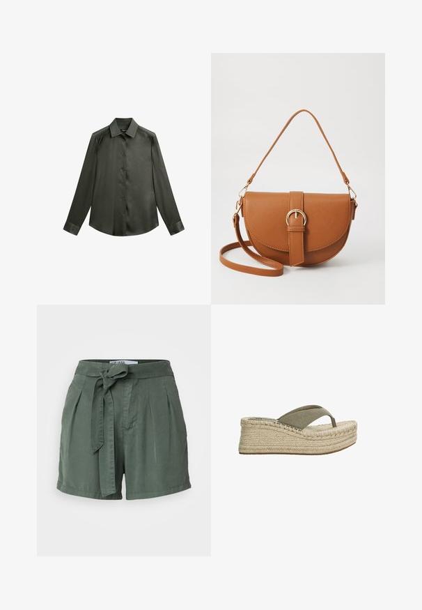 Mørkegrøn satin skjorte med krave, lange ærmer og knaplukning foran; har en glat, blank overflade.; Grønne, højtaljede shorts lavet af blødt stof med en bindebælte, plisseret front og sidelommer. Skræddersyet design med en afslappet pasform.; Espadrille kile-sandaler med en beige rebsål, olivengrønne canvasremme og en tekstureret stofoverdel. Letvægtsdesign med slip-on stil.; Brun læder crossbody taske med en buet form, guldfarvet hardware og en spændeaccent. Har en aftagelig skulderrem.