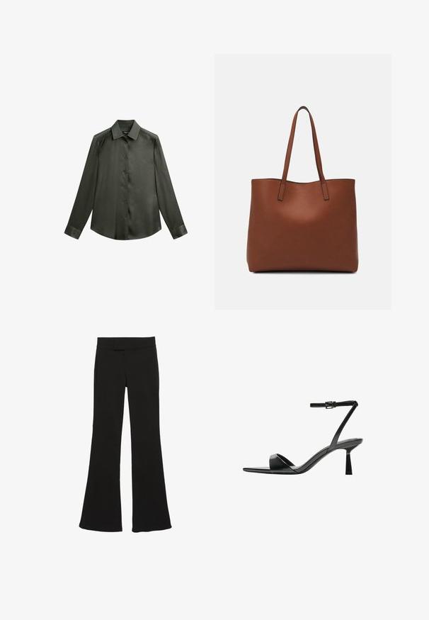 Mørkegrøn satin skjorte med krave, lange ærmer og knaplukning foran; har en glat, blank overflade.; Sorte vide bukser lavet af en glat stof, med en midt-høj talje og sidelommer, med en ren, skræddersyet silhuet.; Bershka Højhælede sandaletter / Højhælede sandaler - black; Brun læder tote taske med en glat overflade, åben topdesign og to skulderremme. Har minimal syning og ingen synlig hardware.
