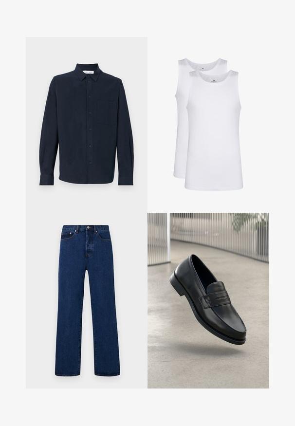 Camicia a maniche lunghe blu navy realizzata in tessuto morbido, con chiusura a bottoni, colletto a punta e una tasca sul petto.; Top in cotone bianco, design senza maniche, collo rotondo, texture liscia, realizzato in un tessuto morbido e leggero. Due pezzi esposti.; Jeans in denim blu scuro con taglio dritto, dotati di cuciture arancioni, patta con bottoni e due tasche frontali con rivetti a contrasto.; Mocassino in pelle nera con texture liscia, punta appuntita e una fascia decorativa sul collo del piede. Suola leggera, design minimale.