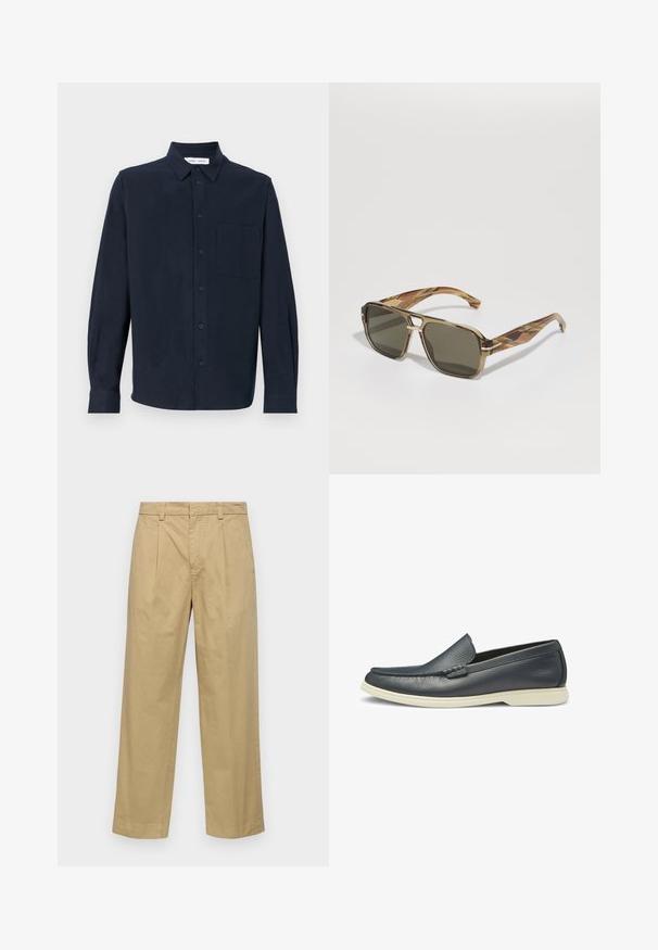 Navyblauwe shirt met lange mouwen van zachte stof, met een knoopsluiting aan de voorkant, een puntige kraag en een enkele borstzak.; Beige katoenen broek met een recht toegevoegde pasvorm, voorzien van voorplooien en zijzakken. De stof heeft een gladde, zachte textuur.; Marine leren instappers met een soepele textuur, slip-on ontwerp en contrasterende witte rubberen zool. Heeft een decoratieve gestikte accent op de bovenkant.; BOSS Zonnebril - brown