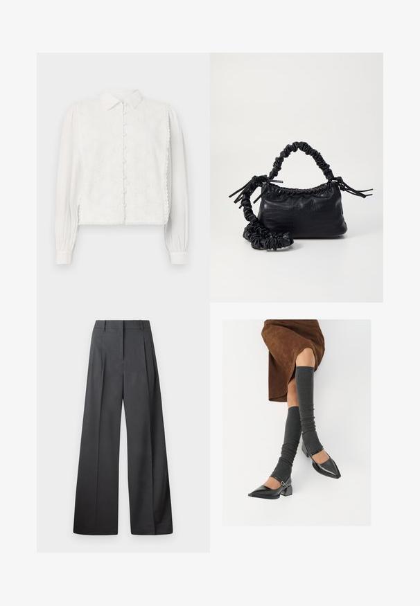 White blouse featuring a collared neck, button closure, and floral lace panel on the front. Long sleeves with gathered cuffs and scalloped edges.; Wide-leg trousers in dark gray fabric, featuring a high waist, single pleats, and a smooth texture with a clean finish at the hems.; Black patent leather pointed-toe shoes with a block heel and ankle strap, paired with gray ribbed leg warmers and a brown suede skirt.; Black faux leather handbag with a crocodile texture, cinched top, and a scrunched strap. Appears soft and compact in design.