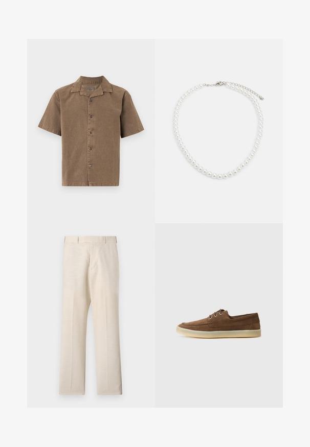 Kortærmet skjorte i brun kordfløjl med krave, forsideknapper og en afslappet pasform. Glat tekstur med en subtil glans.; Beige bukser lavet af vævet stof med en glat tekstur, med en flad forkant, sidelommer og lige ben.; Brune ruskindssko med lav profil, snørebåndsdesign, gummisål og kontrasterende syninger. Simpel og funktionel stil.; Hvid perlekæde med ensartet rund form, glat overflade og metalspænde med forlængerkæde for justerbar længde.