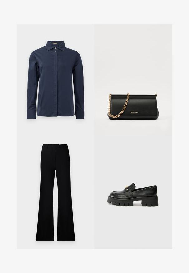 Tamsiai mėlynas, ilgomis rankovėmis mygtukais dėvimas marškinis, pagamintas iš glotnaus, lengvo audinio. Savybės: klasikinis apykaklė ir diskretus priekinis užtrauktukas.; Juodos platėjančios kelnės su lygiu paviršiumi, pritaikyta juosmeniu ir priekinių kišenių dizainu, sukurtos su modernia, elegantiška siluetu.; Juodi odiniai loafers batai su masyviu padu, papuošti auksiniu akcentu priekyje ir lygiu paviršiumi. Masyvi protektoriaus dizaino išvaizda padais.; Juodas odinis delninukas su auksine grandine, turintis lygų paviršių, stačiakampį išmatavimą ir įspaustą prekės ženklą priekyje.