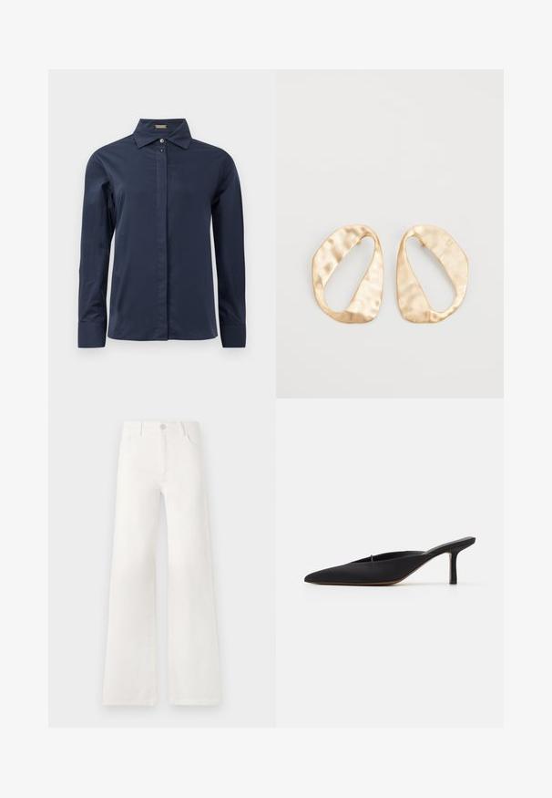 Chemise boutonnée à manches longues bleu marine, en tissu léger et lisse. Équipée d'un col classique et d'une patte de boutonnage discrète.; Jean large blanc taille haute en denim. Se ferme par un bouton, dispose de deux poches avant et de coutures détaillées sur les côtés.; Mule noir à bout pointu avec un design élégant, fabriqué en tissu lisse, présentant un talon fin et un dos ouvert pour faciliter l'enfilage.; Une paire de boucles d'oreilles en métal doré, de forme ovales irrégulières, avec une surface texturée et légèrement martelée sur fond blanc.