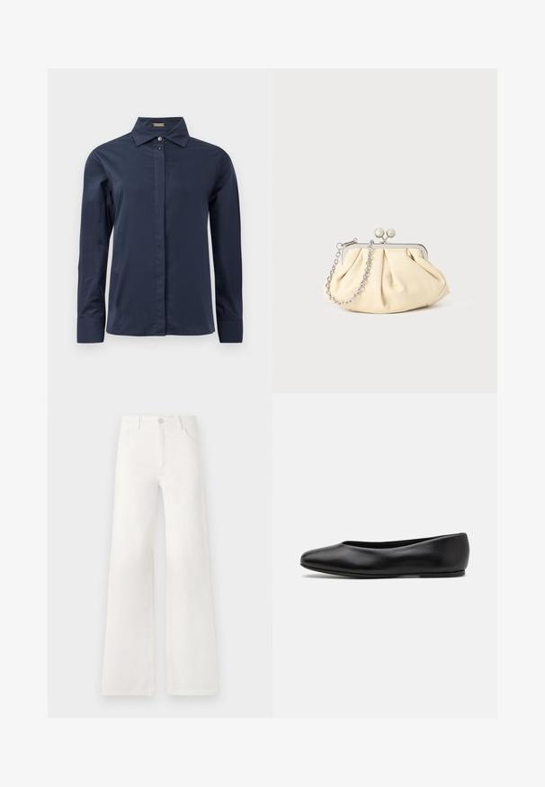 Camisa azul marino de manga larga con botones, fabricada en un tejido ligero y suave. Presenta un cuello clásico y una tapeta frontal discreta.; Jeans blancos de tiro alto y pierna ancha, confeccionados en denim. Cuentan con un cierre de botón, dos bolsillos frontales y costuras con detalles en las costuras laterales.; Paul Smith TOPANGA - Bailarinas - black; Clutch de cuero beige plisado con un marco de metal plateado, que cuenta con dos broches decorativos redondos y una correa de cadena plateada.
