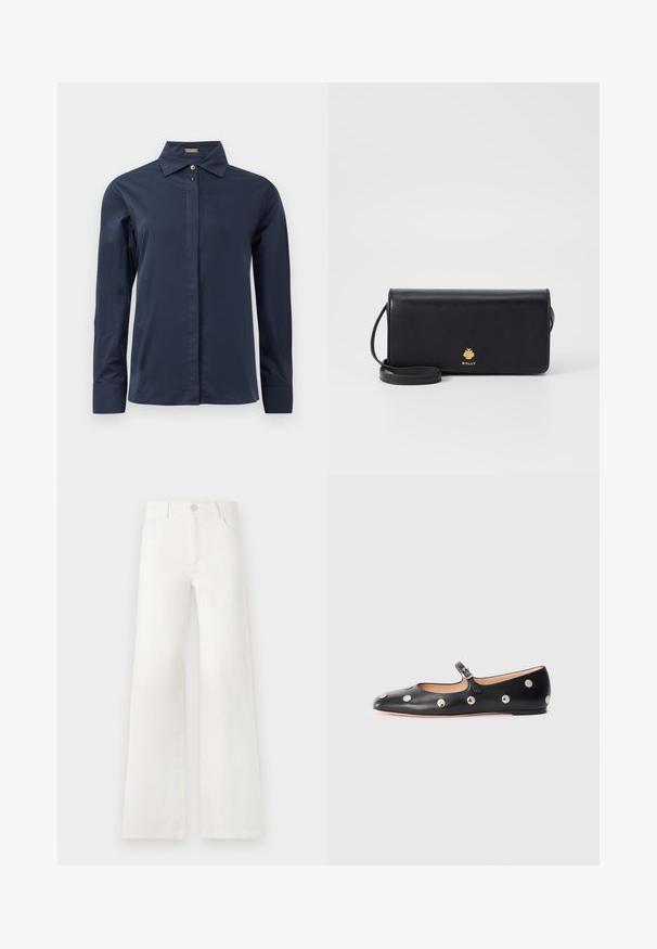 Tums zila, garām piedurknēm poga krekls ar gludu, vieglu audumu. Ievērojama klasiskā apkakle un diskrēta priekšējā plātnīte.; Baltas, augsto jostasvietu platās kājas džinsi, izgatavoti no denima. Iekļauj pogu aizdari, divas priekšējās kabatas un sānu šuves ar šuvju detaļām.; Melna ādas Mary Jane līdzena zābaku ar noapaļotu purngalu, kurā ir sudraba apaļie kniedes un regulējama siksniņa ar sprādzi.; Melnas ādas maks ar plānu taisnstūra formu, kas rotāta ar zelta logotipu. Iekļauj noņemamu siksnu ērtai nēsāšanai.