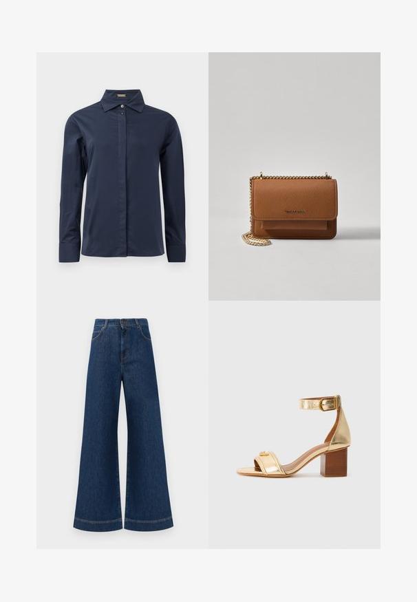 Temno modra, dolgoražna srajca s poudarjenimi gumbi in gladkim, lahkim materialom. Ima klasičen ovratnik in diskreten sprednji del.; Svetlo modri jeans širokih nogavic z visokim pasom, ki imajo zaponko, težke zanke za pas in subtilne šive ob žepih in robovih.; Zlate kovinske sandale na peto z širokim pasom čez prste, zapenjanjem okoli gležnja in blok peto. Gladka tekstura, minimalno okrašene.; Rjava teksturirana usnjena torba čez ramo z zlatim verižnim trakom in zapiranjem na pokrov. Spredaj je vidna podrobnost logotipa in žep pod pokrovom.