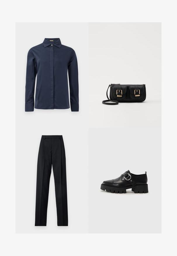 Námornícky modrá, dlhá košela s gombíkmi a hladkým, ľahkým materiálom. Obsahuje klasický golier a diskrétny predný gombík.; Čierne nohavice vyrobené z hladkej látky s vysokým pásom, širokými nohavicami, prednými záhybmi a klasickými pútkami na opasok. Žiadne bočné vrecká nie sú viditeľné.; Čierne kožené topánky s hrubou, rebrovanou podrážkou, vyznačujúce sa okrúhlou striebornou kovovou ozdobou a minimálnym prešívaním.; Čierna kožená crossbody taška s dvoma prednými vreckami, zlatými sponami, zipsovým uzatváraním a úzkym popruhom. Štruktúrovaný povrch a kompaktný obdĺžnikový tvar.