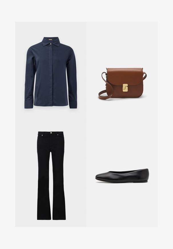 Camisa azul-marinho de mangas longas, com um tecido leve e suave. Apresenta um colarinho clássico e uma tapeta frontal discreta.; Calças pretas de ganga em corte flare, com dois bolsos frontais, fecho com botão e uma textura suave. Costura característica visível nas costuras.; Paul Smith TOPANGA - Sabrinas - black; Bolsa de couro castanho com fecho de aba, decoração em tom dourado, alça de ombro e textura suave. Formato retangular compacto.